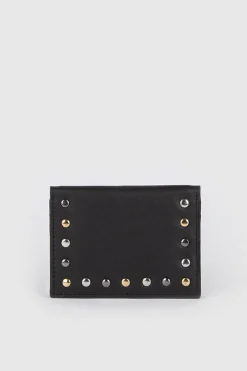 Hot Oasis Real Leather Stud Folding Cardholder Black