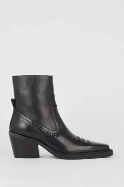 Clearance Oasis Real Leather Whipstitch Detail Western Ankle Boot Black