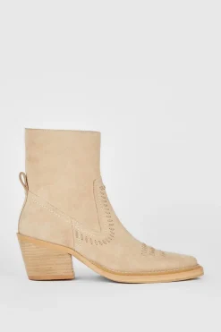 Hot Oasis Real Suede Whipstitch Detail Western Ankle Boot Stone