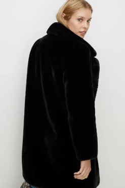 Outlet Oasis Recycled Faux Fur Collared Long Coat Black