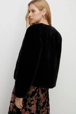 Sale Oasis Recycled Faux Fur Collarless Coat Black