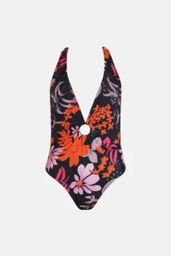New Oasis Retro Floral Plunge Hoop Swimsuit Black