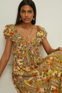 Best Oasis Retro Print Ruffle V Neck Midi Dress Multi