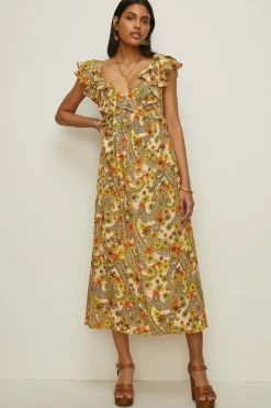 Best Oasis Retro Print Ruffle V Neck Midi Dress Multi