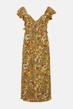 Best Oasis Retro Print Ruffle V Neck Midi Dress Multi