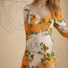 Sale Oasis Rhs Rose Patched Print Puff Sleeve Midi Dress Orange