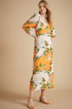 Sale Oasis Rhs Rose Patched Print Puff Sleeve Midi Dress Orange