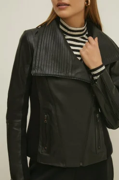 Best Oasis Rib Detail Leather Biker Jacket Black