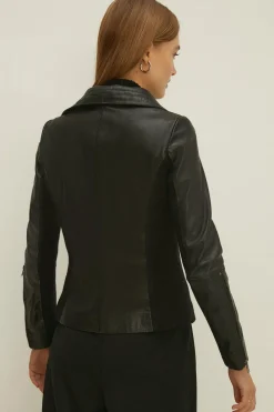 Best Oasis Rib Detail Leather Biker Jacket Black