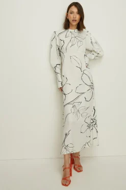 New Oasis Rose Dufton Sketchy Floral Midi Dress Ivory
