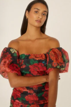 Online Oasis Rose Floral Ruched Mini Dress Black