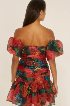 Online Oasis Rose Floral Ruched Mini Dress Black