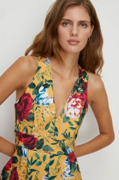 Best Oasis Rose Floral Scuba V Neck Jumpsuit Ochre