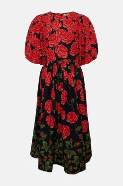 Sale Oasis Rose Placement Puff Sleeve Midi Dress Red