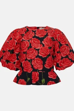 Clearance Oasis Rose Placement Puff Sleeve Top Red
