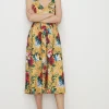 Sale Oasis Rose Print Cross Back Scuba Midi Dress Ochre