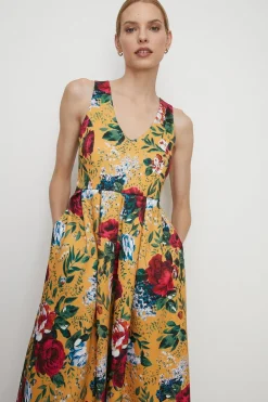 Sale Oasis Rose Print Cross Back Scuba Midi Dress Ochre