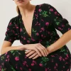 Fashion Oasis Rose Printed V Plunge Puff Sleeve Midi Dress Floral