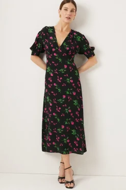 Fashion Oasis Rose Printed V Plunge Puff Sleeve Midi Dress Floral