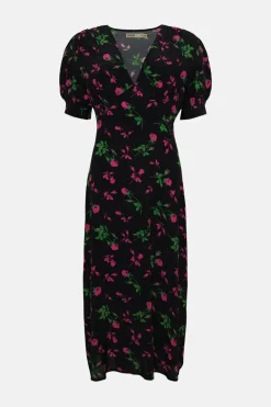 Fashion Oasis Rose Printed V Plunge Puff Sleeve Midi Dress Floral