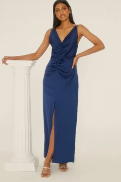 Fashion Oasis Ruched Double Strap Midaxi Dress Navy