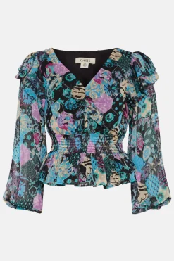 Clearance Oasis Ruched Front Dobby Floral Printed Top Multi