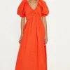 Clearance Oasis Ruched Neck Puff Sleeve Midi Dress Red