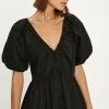 Sale Oasis Ruched Neck Puff Sleeve Midi Dress Black