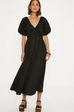Sale Oasis Ruched Neck Puff Sleeve Midi Dress Black