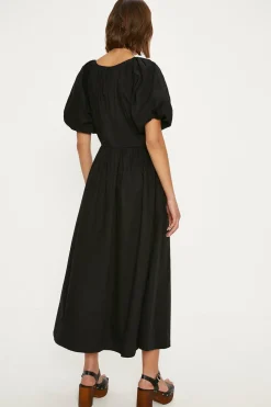 Sale Oasis Ruched Neck Puff Sleeve Midi Dress Black