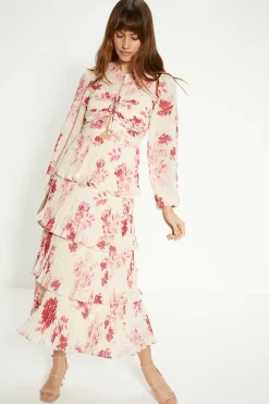 Fashion Oasis Ruched Pleated Tiered Floral Midi Dress Ivory