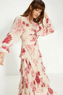 Fashion Oasis Ruched Pleated Tiered Floral Midi Dress Ivory