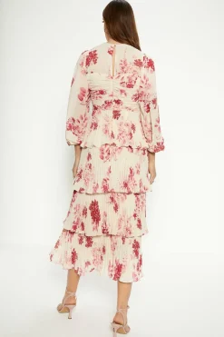Fashion Oasis Ruched Pleated Tiered Floral Midi Dress Ivory