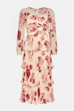 Fashion Oasis Ruched Pleated Tiered Floral Midi Dress Ivory