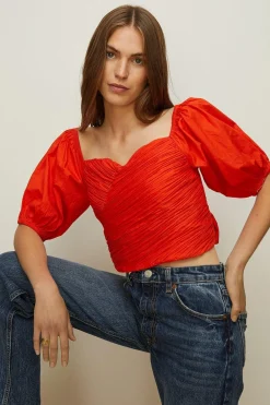Clearance Oasis Ruched Wrap Front Puff Sleeve Top Red