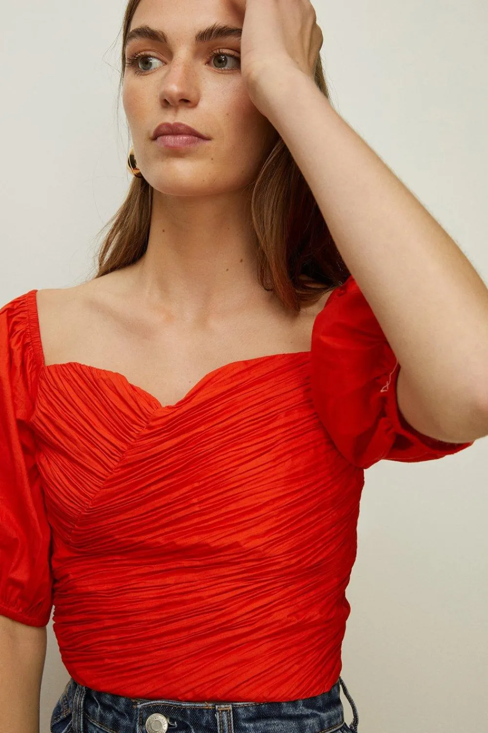 Clearance Oasis Ruched Wrap Front Puff Sleeve Top Red