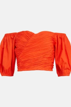Clearance Oasis Ruched Wrap Front Puff Sleeve Top Red