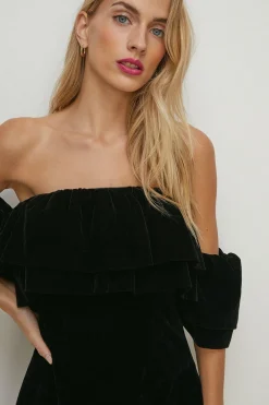 Sale Oasis Ruffle Detail Bardot Velvet Skater Dress Black