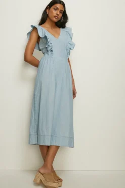 Clearance Oasis Ruffle Detail Midi Dress Denim