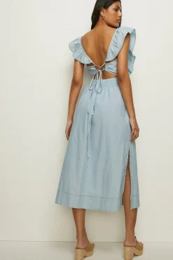 Clearance Oasis Ruffle Detail Midi Dress Denim