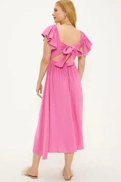 Outlet Oasis Ruffle Sleeve Tie Back Midi Dress Pink