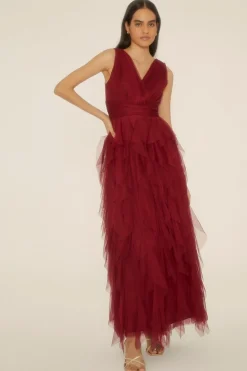 Discount Oasis Ruffle V Plunge Tulle Maxi Dress Berry