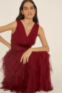 Discount Oasis Ruffle V Plunge Tulle Maxi Dress Berry