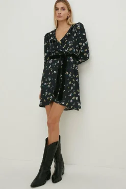 Discount Oasis Ruffle Wrap Ditsy Print Velvet Bow Dress Black