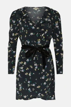 Discount Oasis Ruffle Wrap Ditsy Print Velvet Bow Dress Black