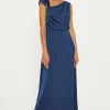 Hot Oasis Satin Asymmetric Bow Shoulder Midi Dress Navy