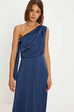Hot Oasis Satin Asymmetric Bow Shoulder Midi Dress Navy