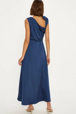 Hot Oasis Satin Asymmetric Bow Shoulder Midi Dress Navy