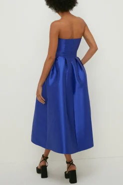 Sale Oasis Satin Bandeau Tailored Pleated Midi Dress Cobalt