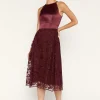 Online Oasis Satin Bodice Organza Midi Dress Burgundy